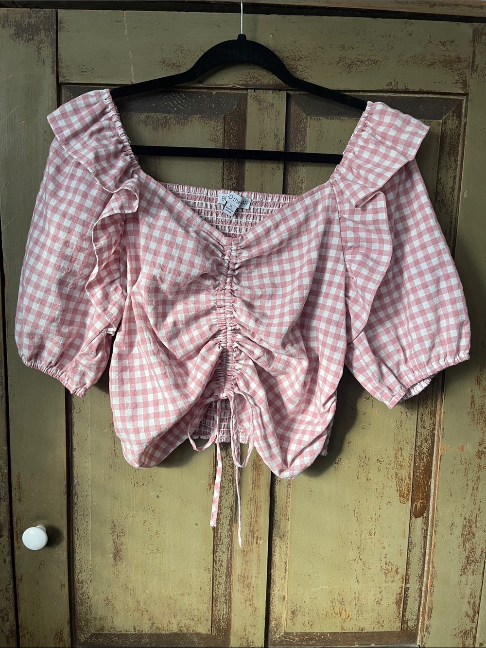 Pink Gingham Ruched Peasant Top - Women